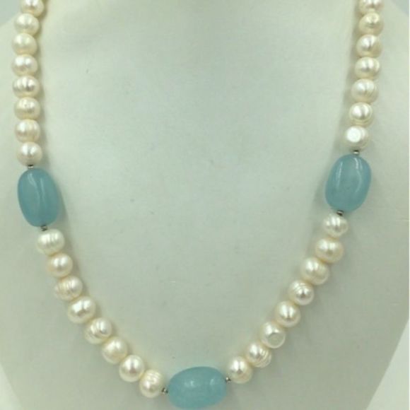 925 STER Silver Blue Jade & Pearl Necklace 20”